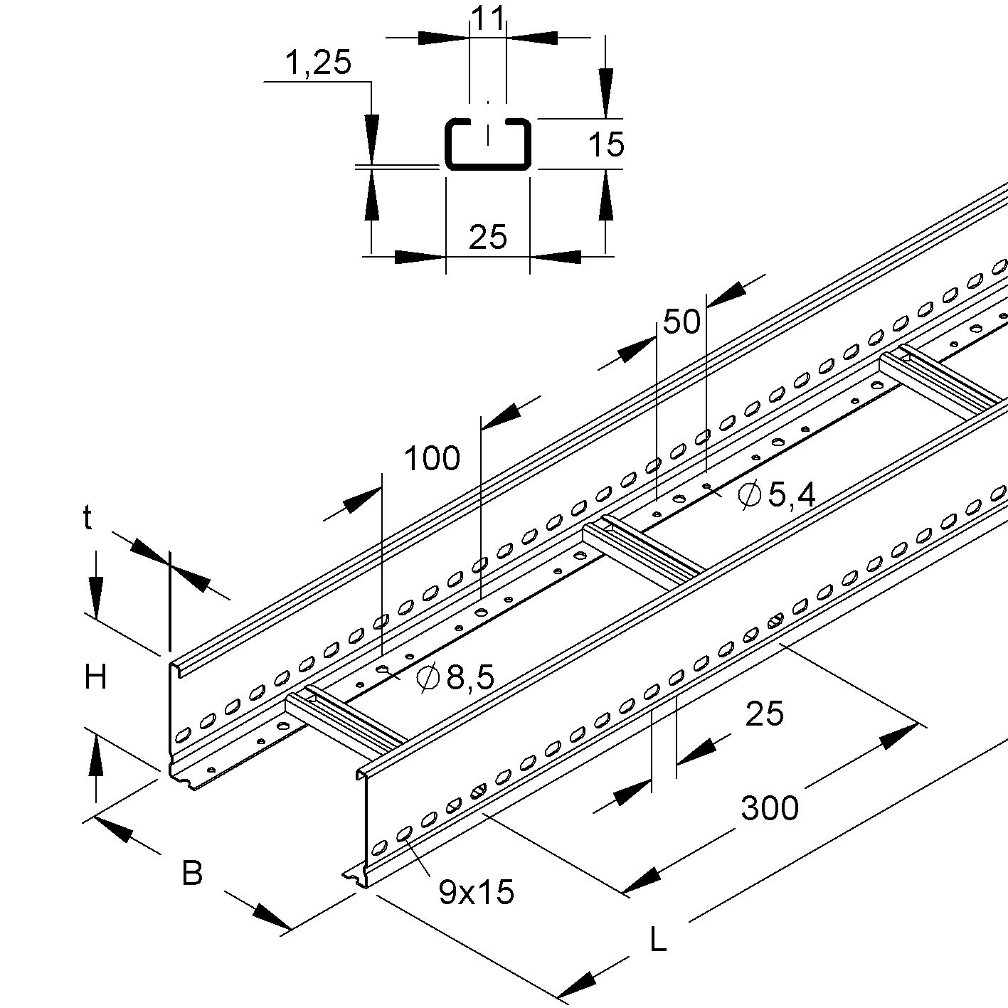 Kabelleiter vz 100x400x3000mm Profil 33800qmm