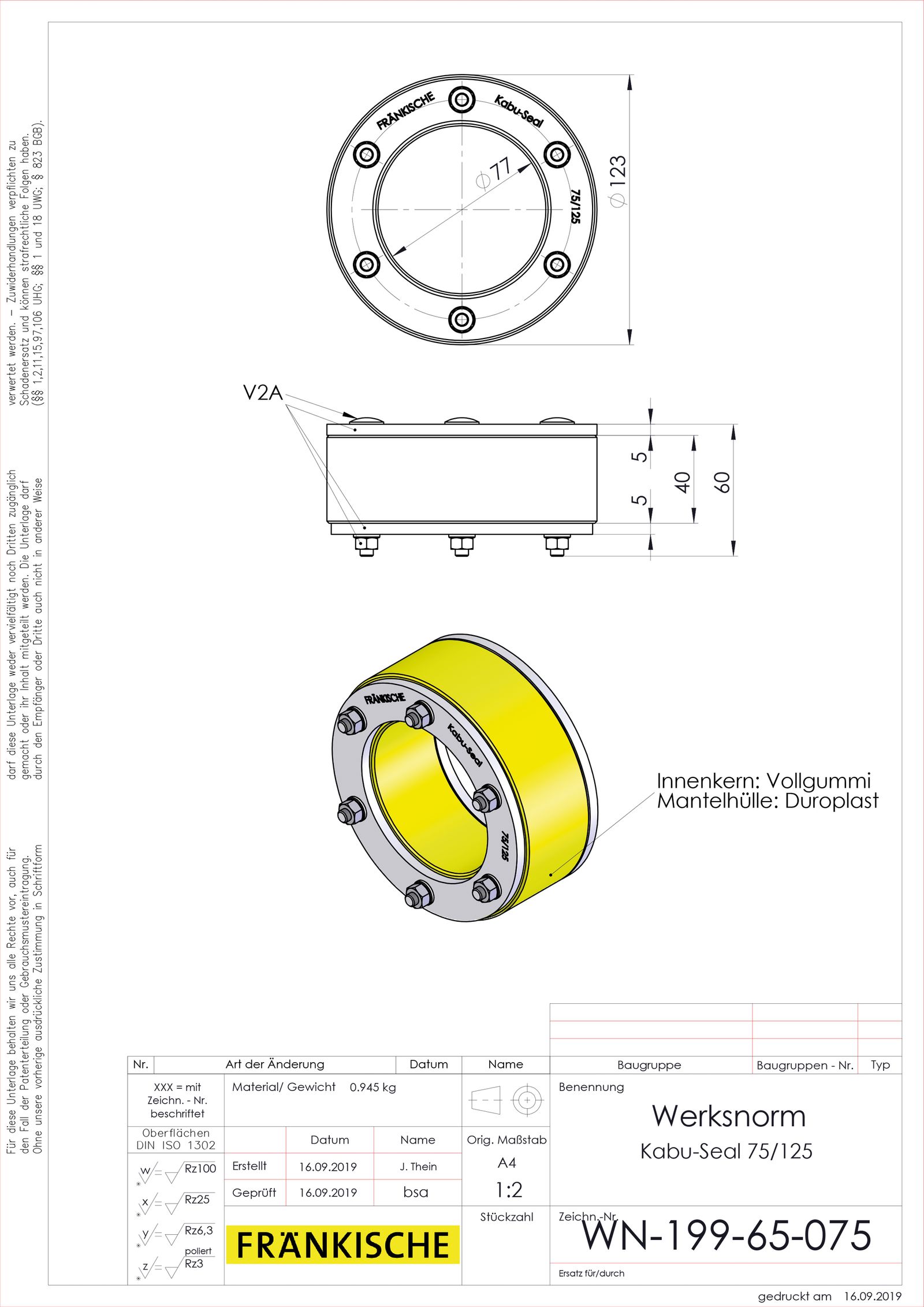 Mauerdurchführung Ø125mm L60mm Ø76/71mm Pressringdichtung Ø75mm