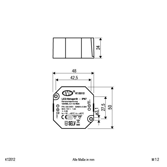 LED-Trafo 0,1-12W 8-0mA 12V IP65 Kstgeh stat 48x50x24mm