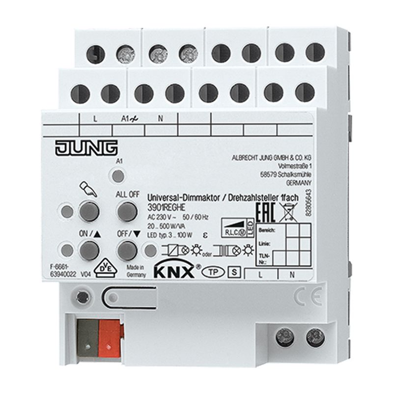 Dimmaktor KNX 20-500W REG 4TE 1Ausg uni Vor Ort-/Handbedienung