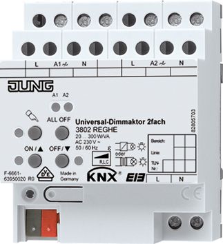 Dimmaktor KNX 20-300W REG 4TE 2Ausg uni Vor Ort-/Handbedienung