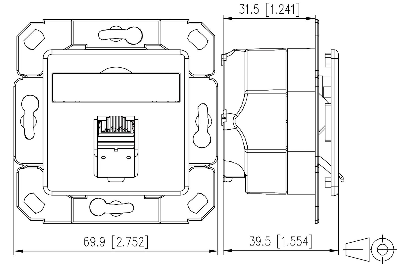 Anschlussdose Cat6A net-works 1xRJ45 LSA Kanaleinb Bodentank/Unterflur rws schräg