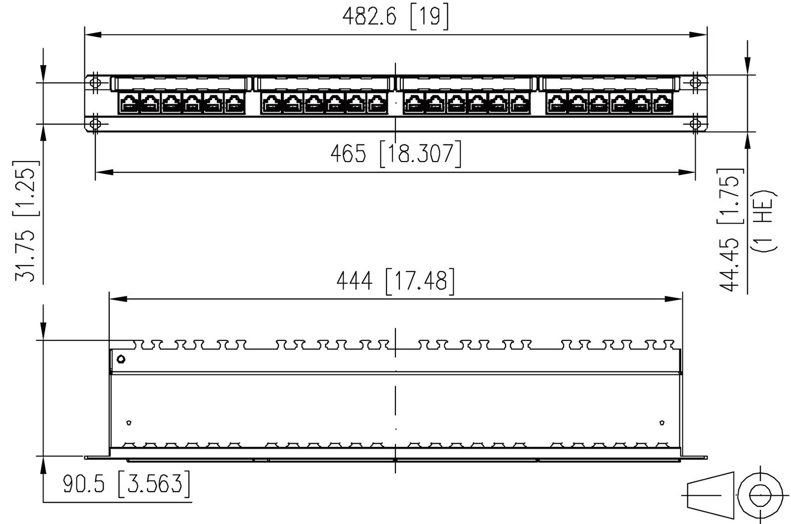 Patchpanel 24Ports 1HE Cat6A Schirm 19Zoll-Einbau 44,45x482,6x90,5mm