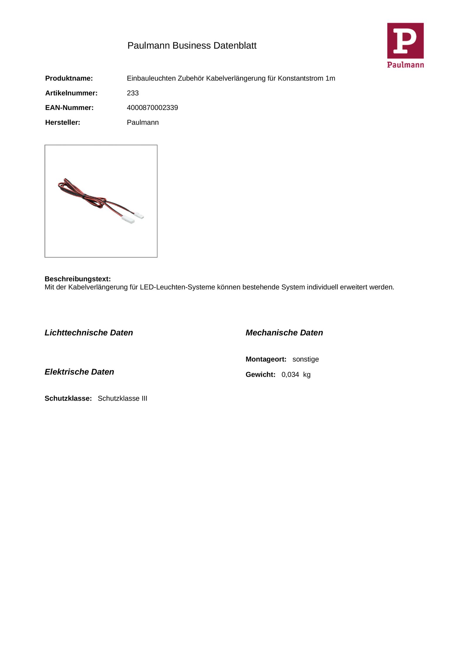 1m Verlängerung für Konst mehrf 2p Verbindungskabel 1000mm
