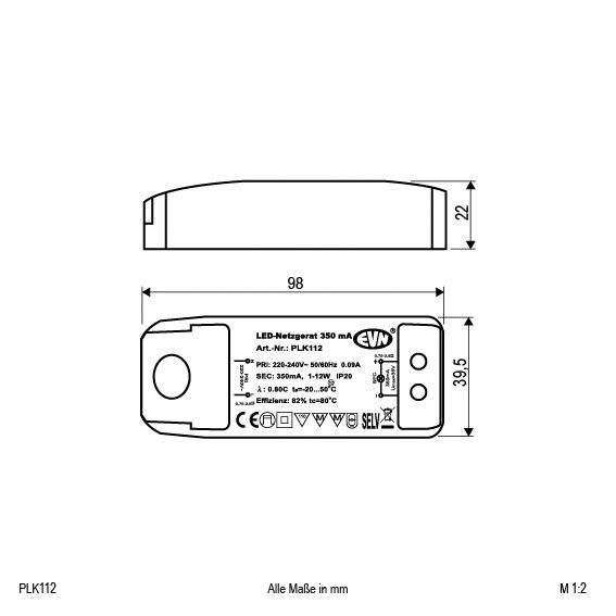 LED-Trafo 1-12W 350mA 34V IP20 Kstgeh dyn 98x39x22mm
