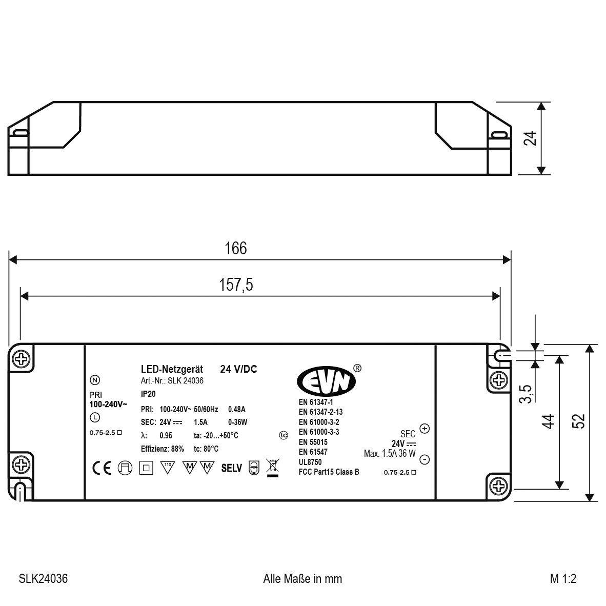 LED-Trafo 0,1-36W 1500mA 24V IP20 Kstgeh stat 166x52x24mm
