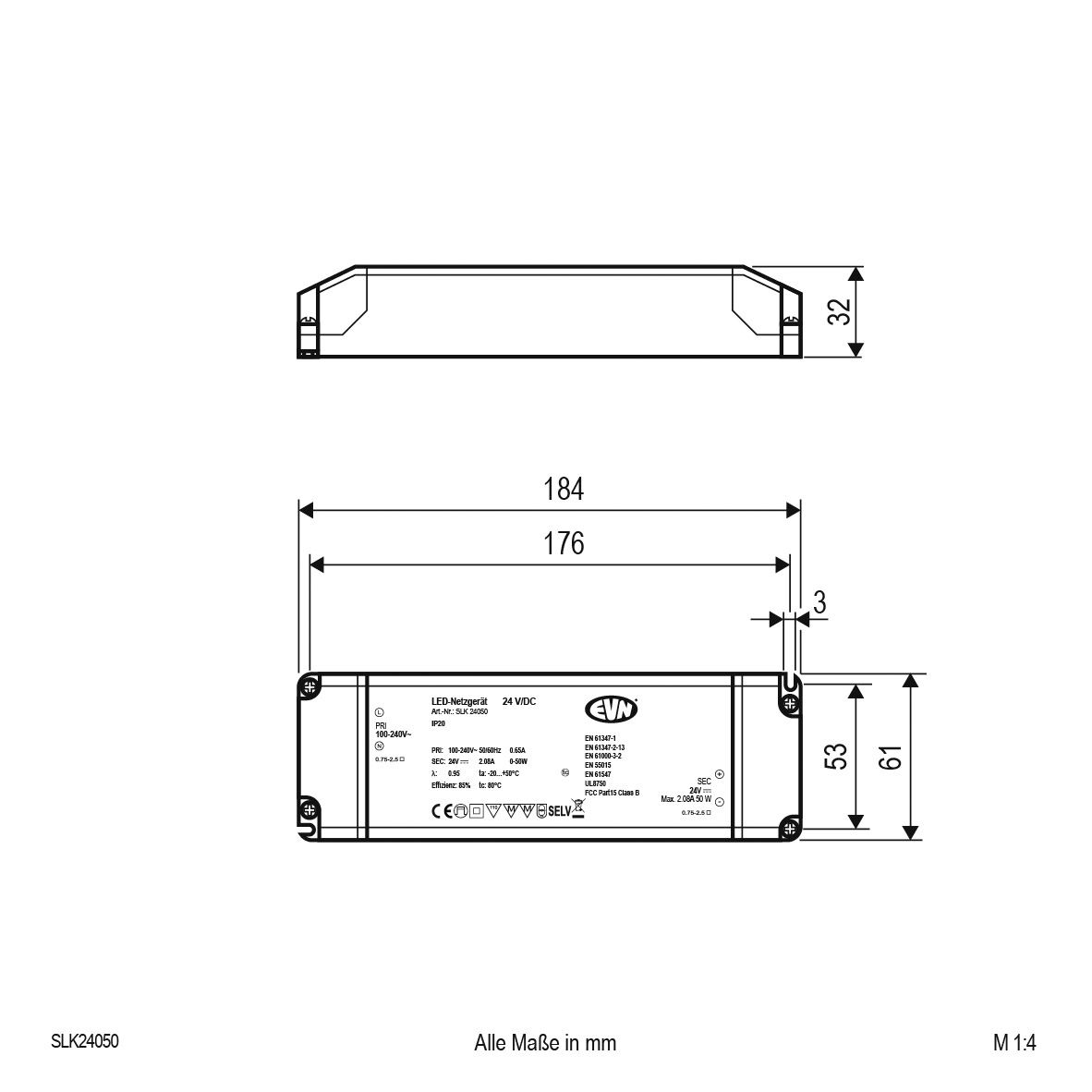 LED-Trafo 0,1-50W 24V IP20 Kstgeh stat 184x61x32mm