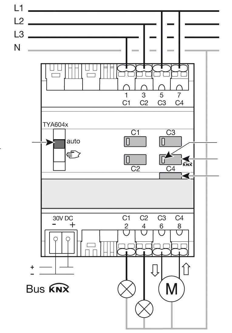 Schaltaktor KNX C-Last REG 4TE 4f 16A 2300W 230V Vor Ort-/Handbedienung