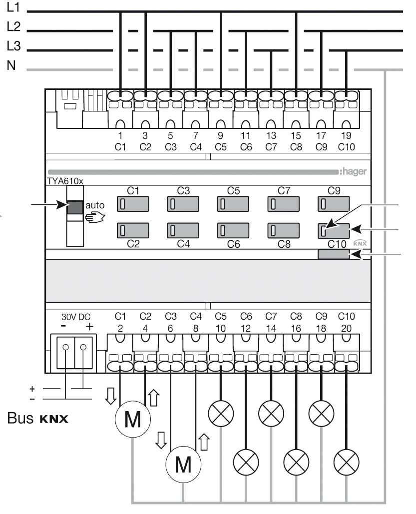 Schaltaktor KNX C-Last REG 6TE 10f 16A 2300W 230V Vor Ort-/Handbedienung