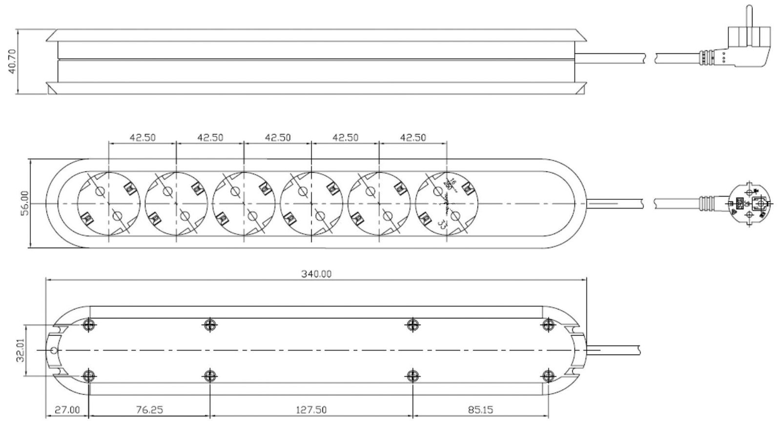Steckdosenleiste 6f sw 1,5m 35° IP20 1,5qmm
