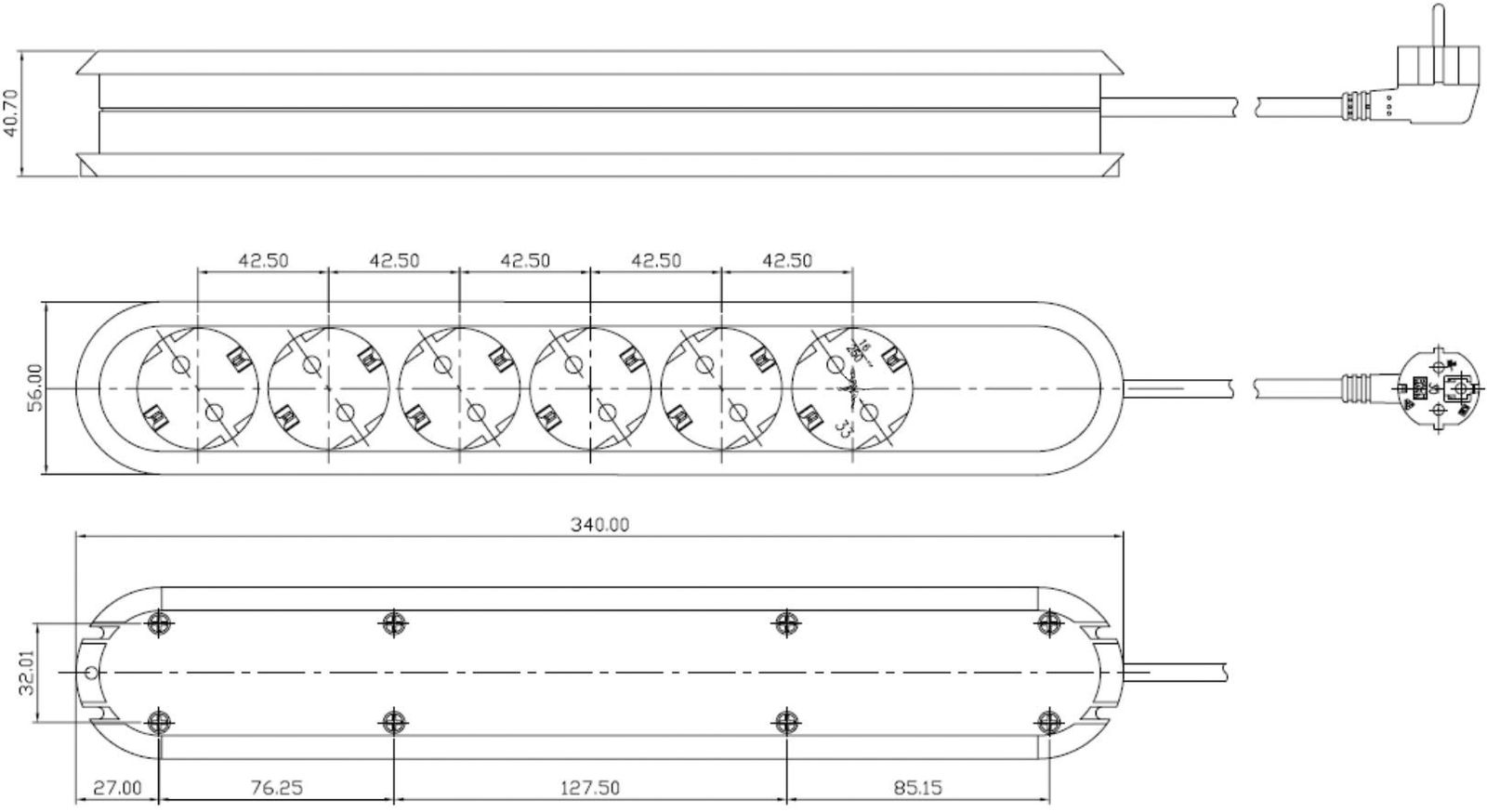 Steckdosenleiste 6f sw 3m 35° IP20 1,5qmm
