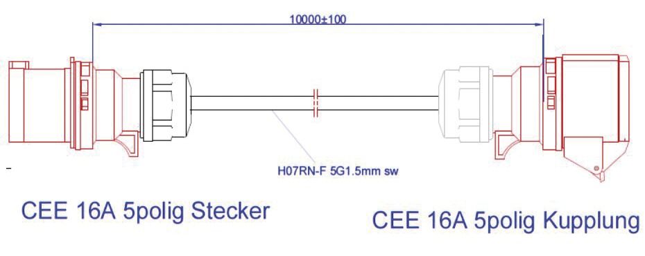 CEE-Verlängerung 10m 5x1,5qmm 16A sw IP44 70°C Gummi