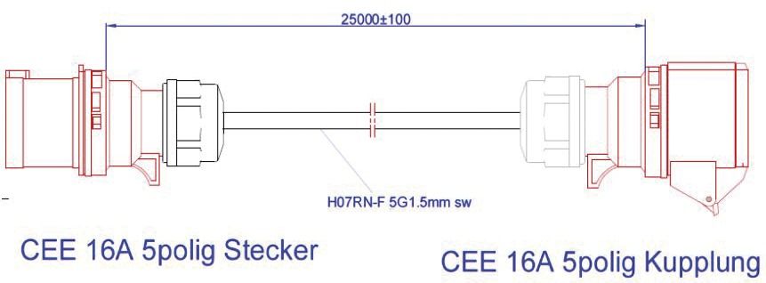CEE-Verlängerung 25m 5x1,5qmm 16A sw IP44 70°C Gummi