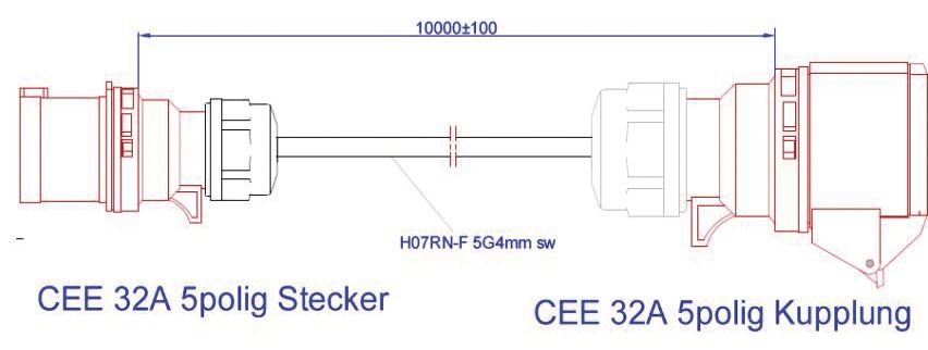 CEE-Verlängerung 10m 5x4qmm 32A sw IP44 70°C Gummi