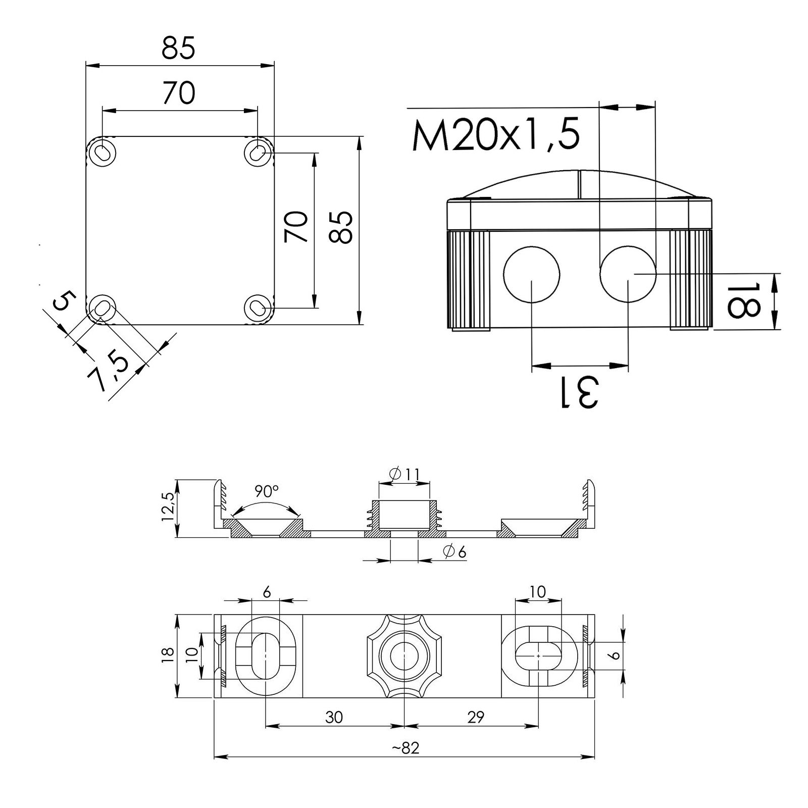 Abzweigdose IP66/IP67 4qm 85x85x51mm gr Kst uni 4qmm hfr