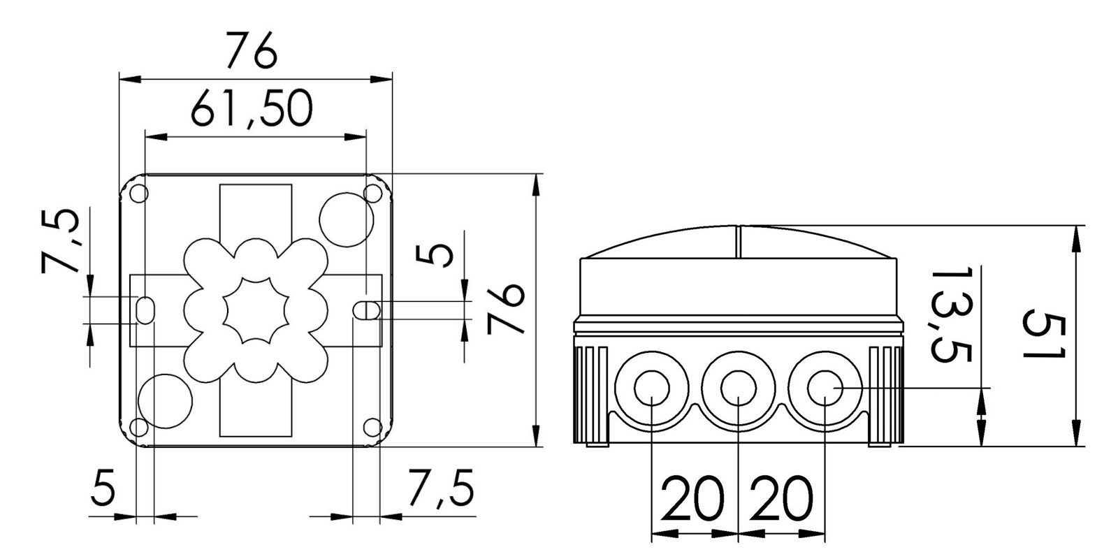 Abzweigdose IP66/IP67 2,5 76x76x51mm gr Kst uni 2,5qmm hfr