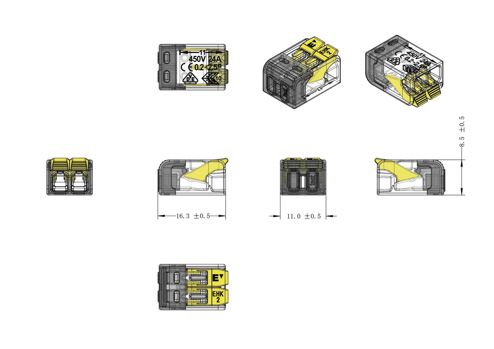 Steckklemme 2f 450V 24A 0,2-2,5qmm ge m.BetätiHebel f.Massivleiter 4qmm