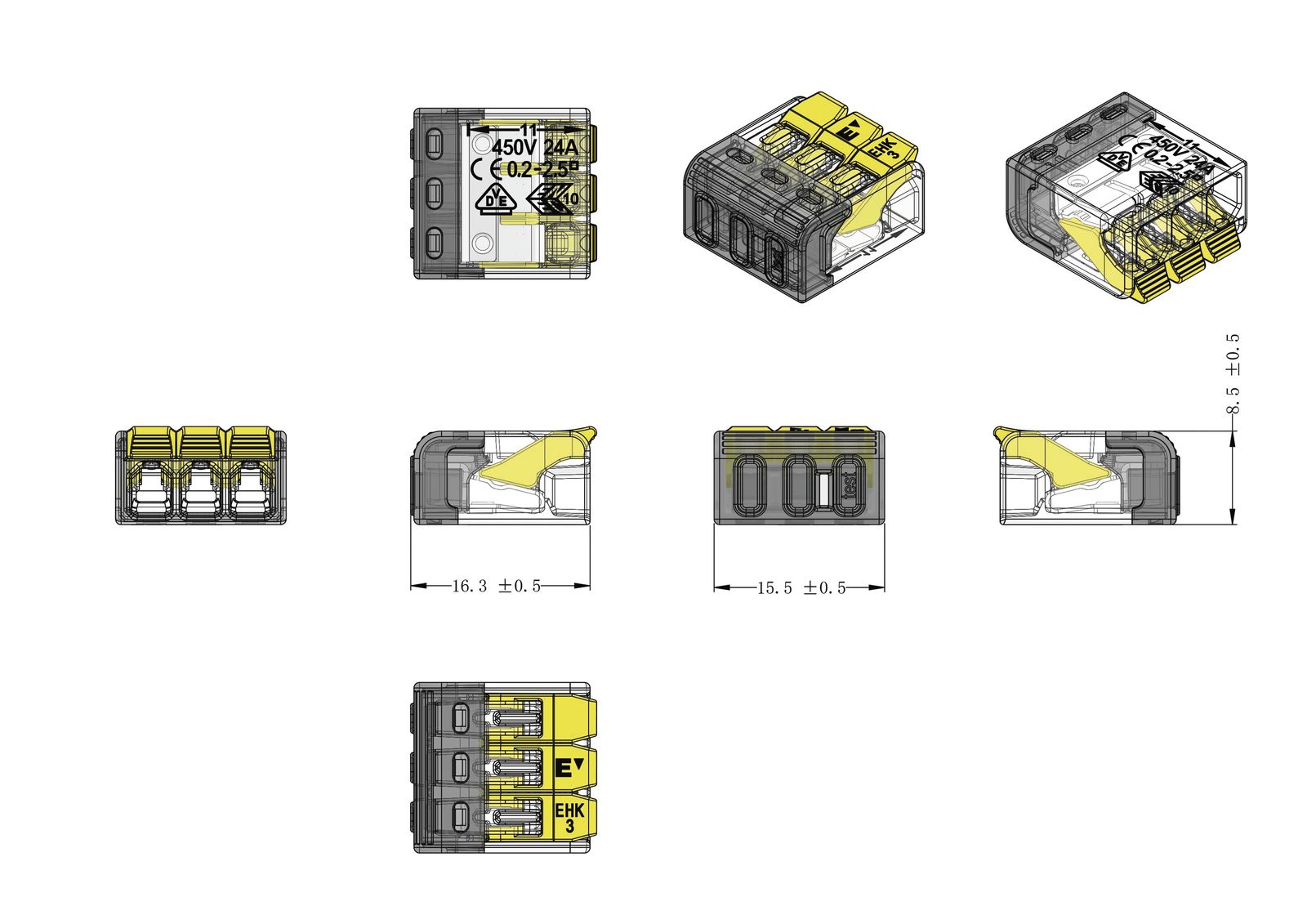 Steckklemme 3f 450V 24A 0,2-2,5qmm ge m.BetätiHebel f.Massivleiter 4qmm