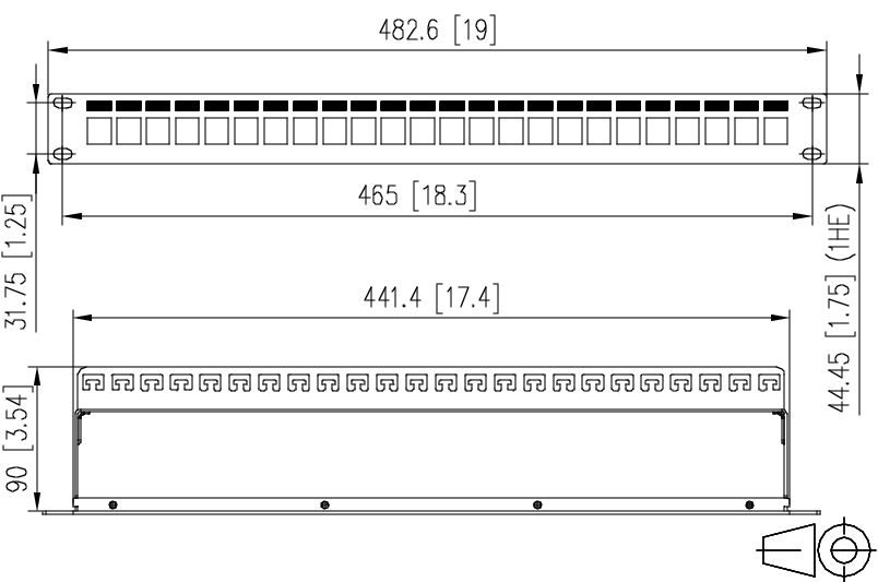 Modulträger 24Ports 1HE net-works Schirm 19Zoll-Einbau 44,45x482,6x90mm
