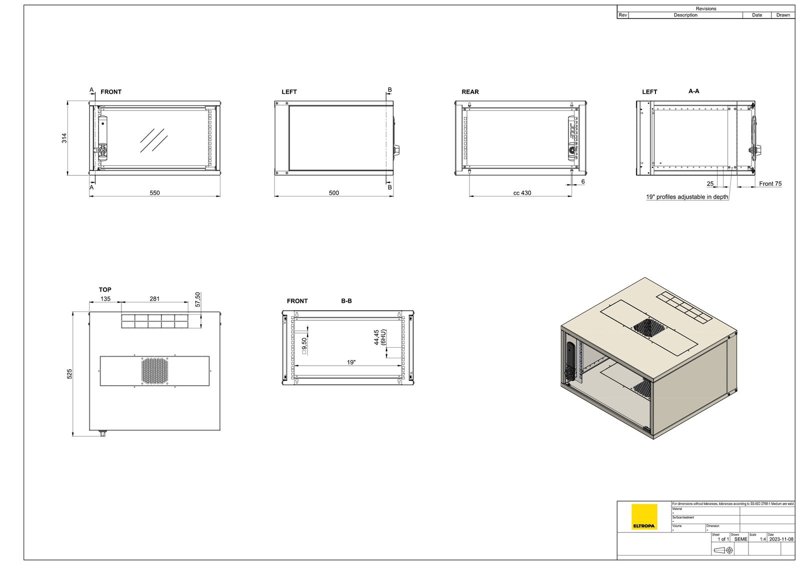 Netzwerkgehäuse ST 500mm net-works 6HE vo 19Zoll IP20 pulverbesch m.Festrahm