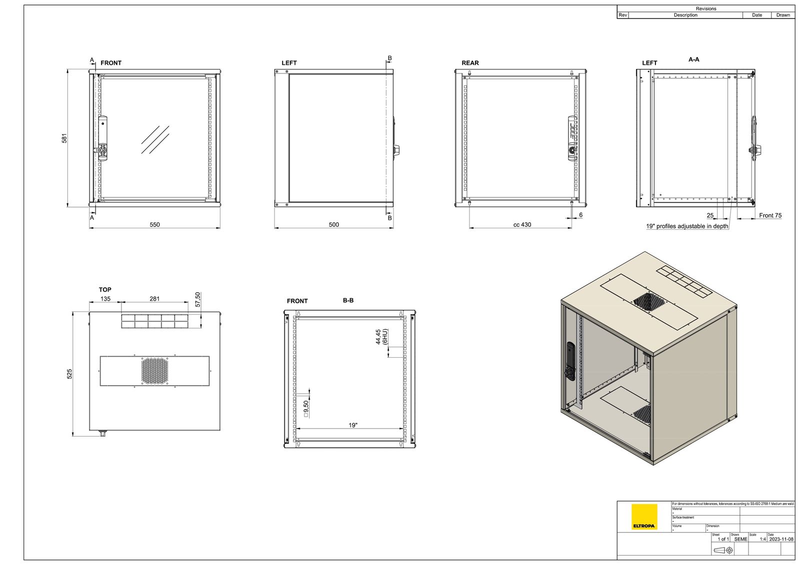 Netzwerkgehäuse ST 500mm net-works 12HE vo 19Zoll IP20 pulverbesch m.Festrahm
