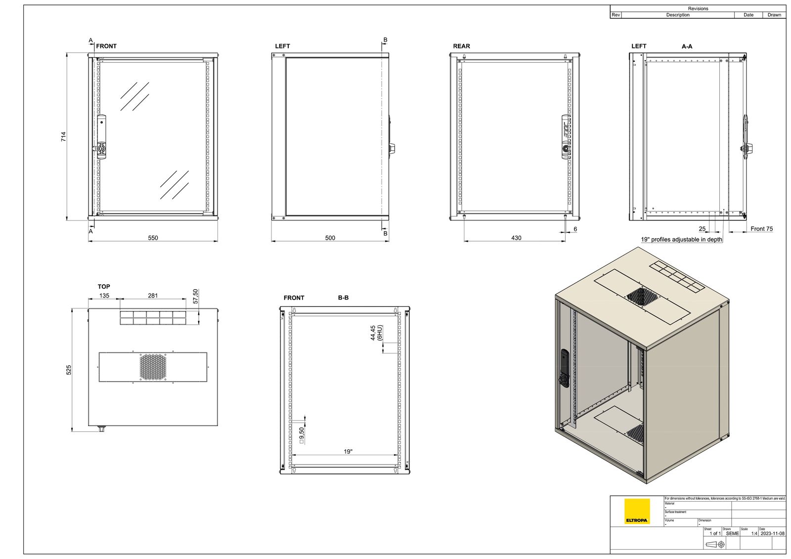 Netzwerkgehäuse ST 500mm net-works 15HE vo 19Zoll IP20 pulverbesch m.Festrahm