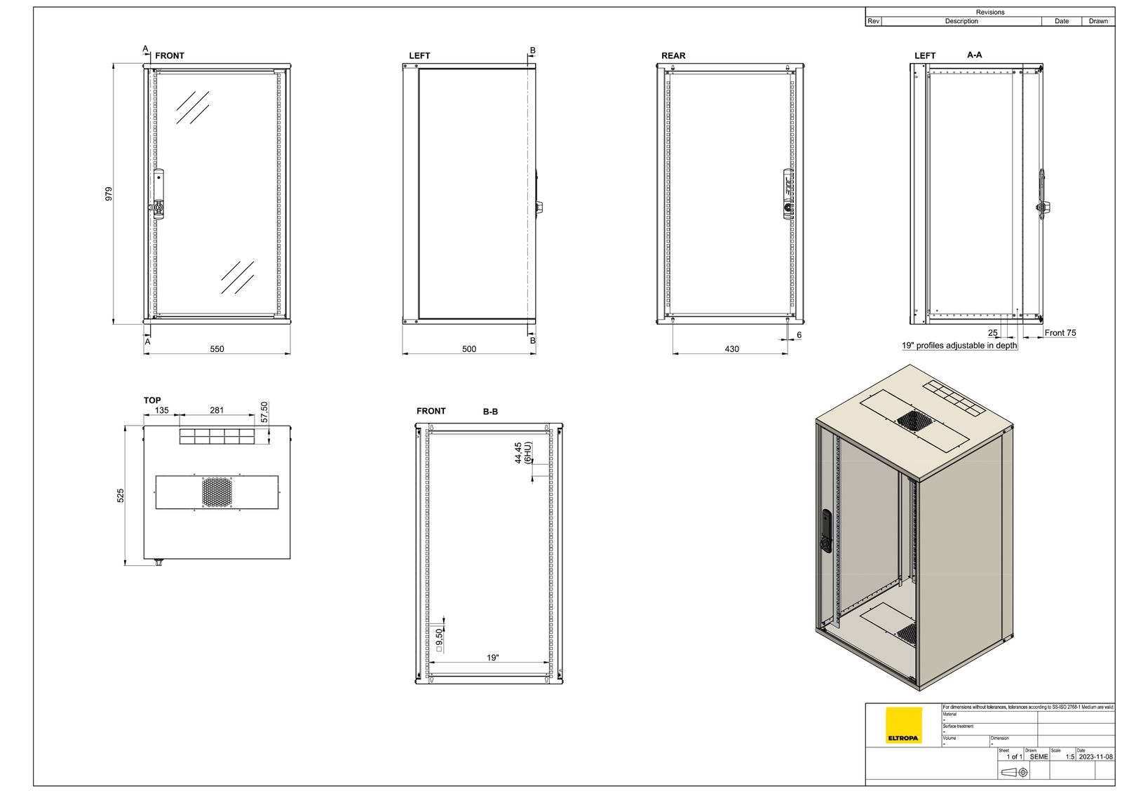 Netzwerkgehäuse ST 500mm net-works 21HE vo 19Zoll IP20 pulverbesch m.Festrahm