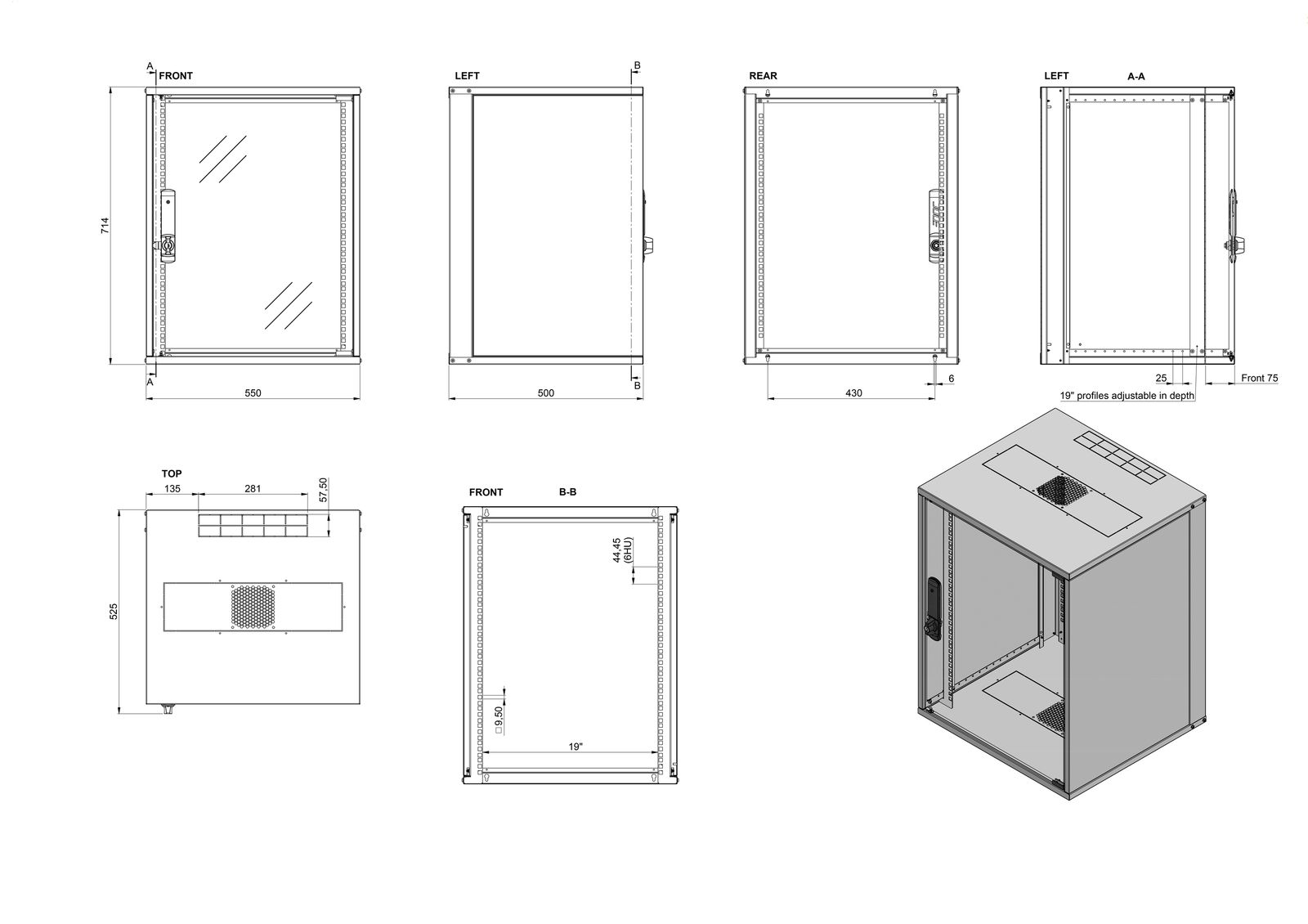 Netzwerkgehäuse ST 500mm net-works 15HE vo 19Zoll IP20 pulverbesch m.Festrahm