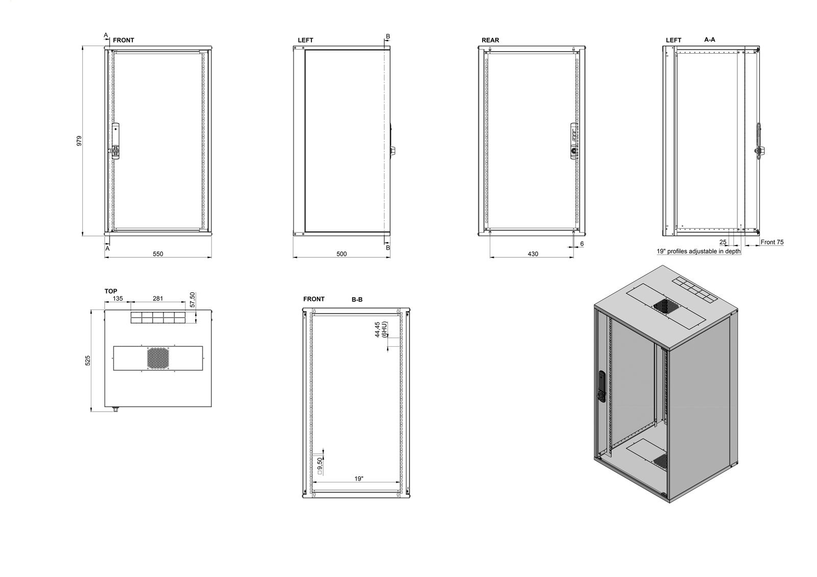 Netzwerkgehäuse ST 500mm net-works 21HE vo 19Zoll IP20 pulverbesch m.Festrahm