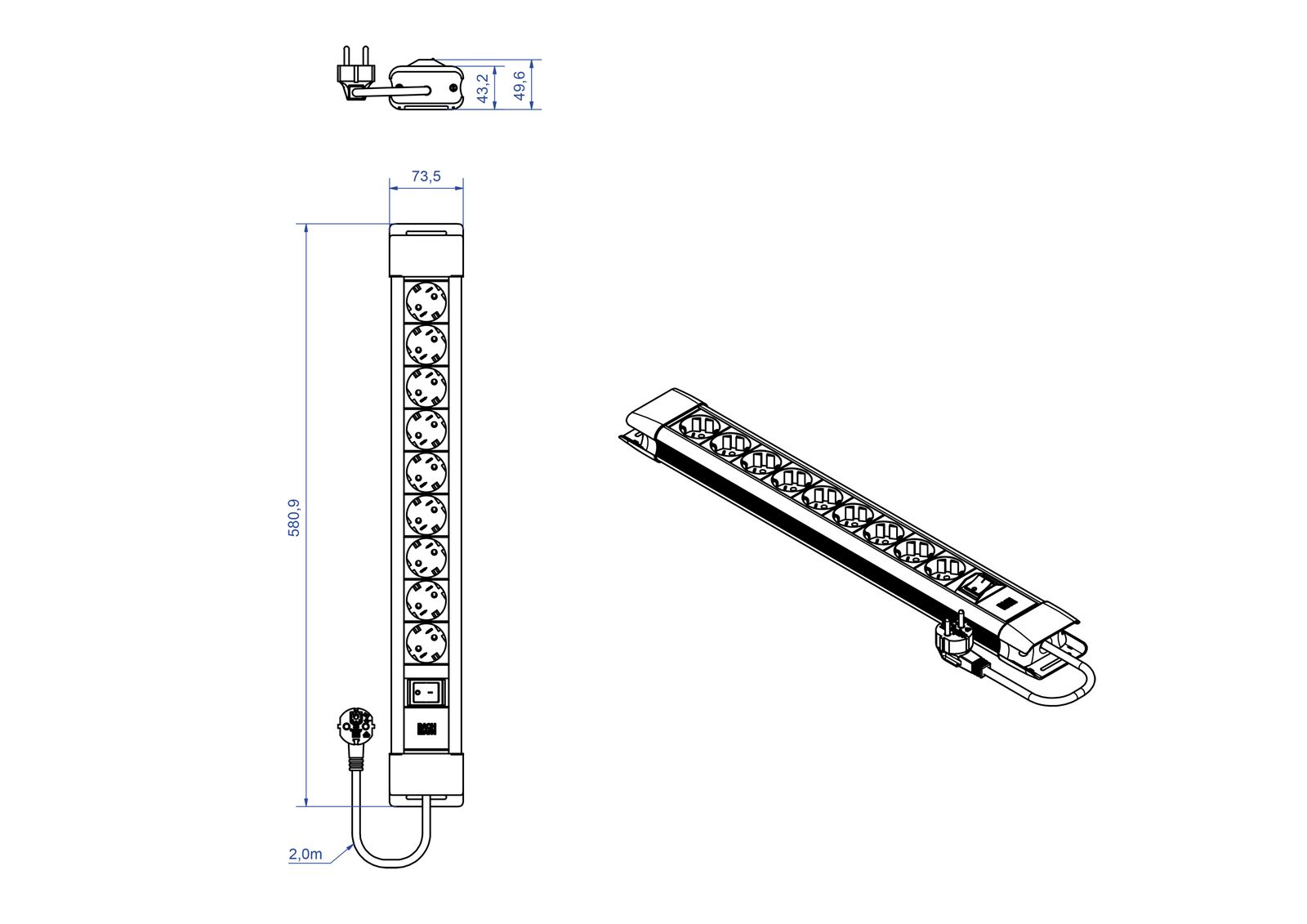 Steckdosenleiste 9f sw/si m.Ein/Aus 2m 35° IP20 1,5qmm