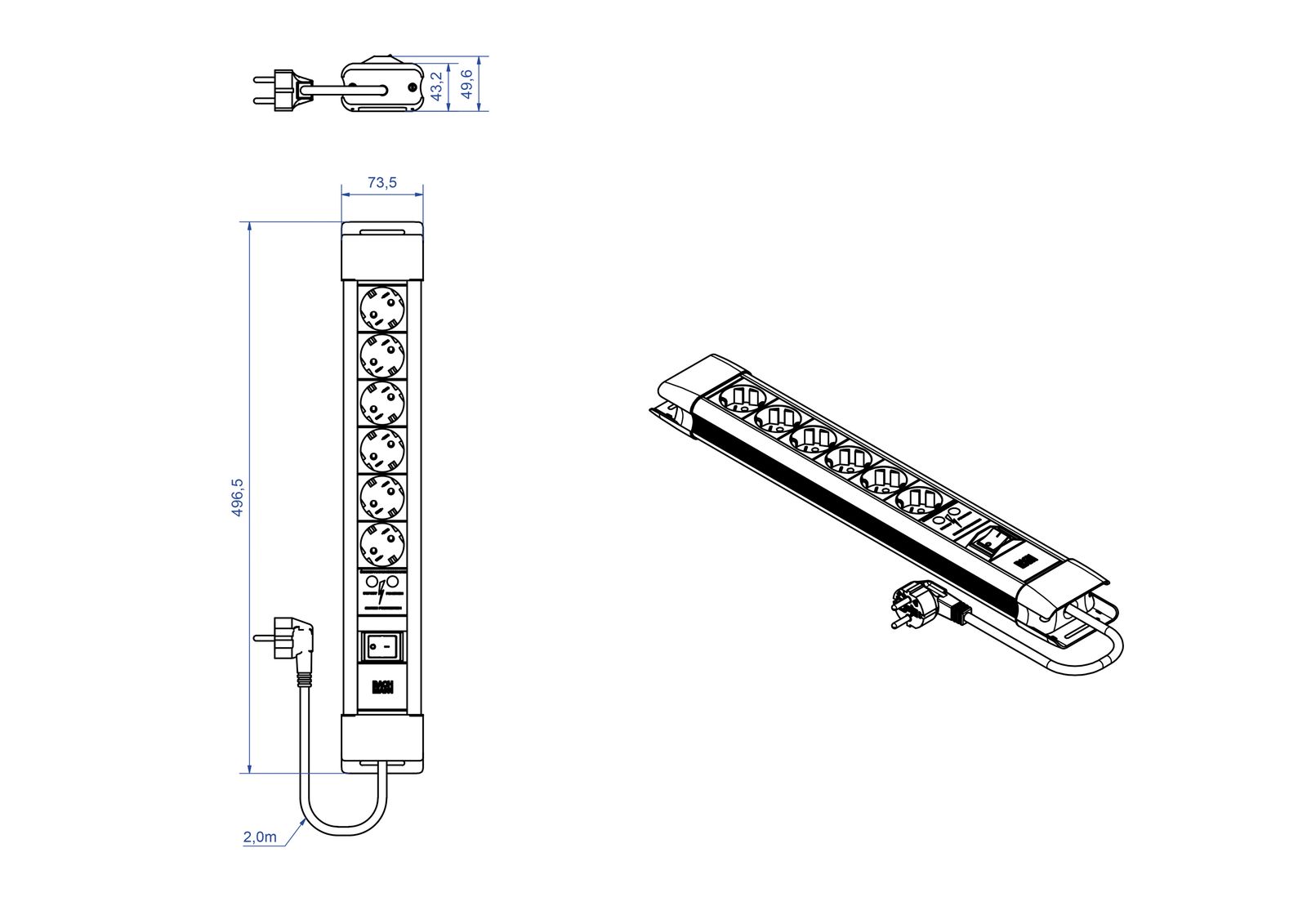 Steckdosenleiste 6f sw/si m.Ein/Aus 2m 35° IP20 Überspannungss 1,5qmm