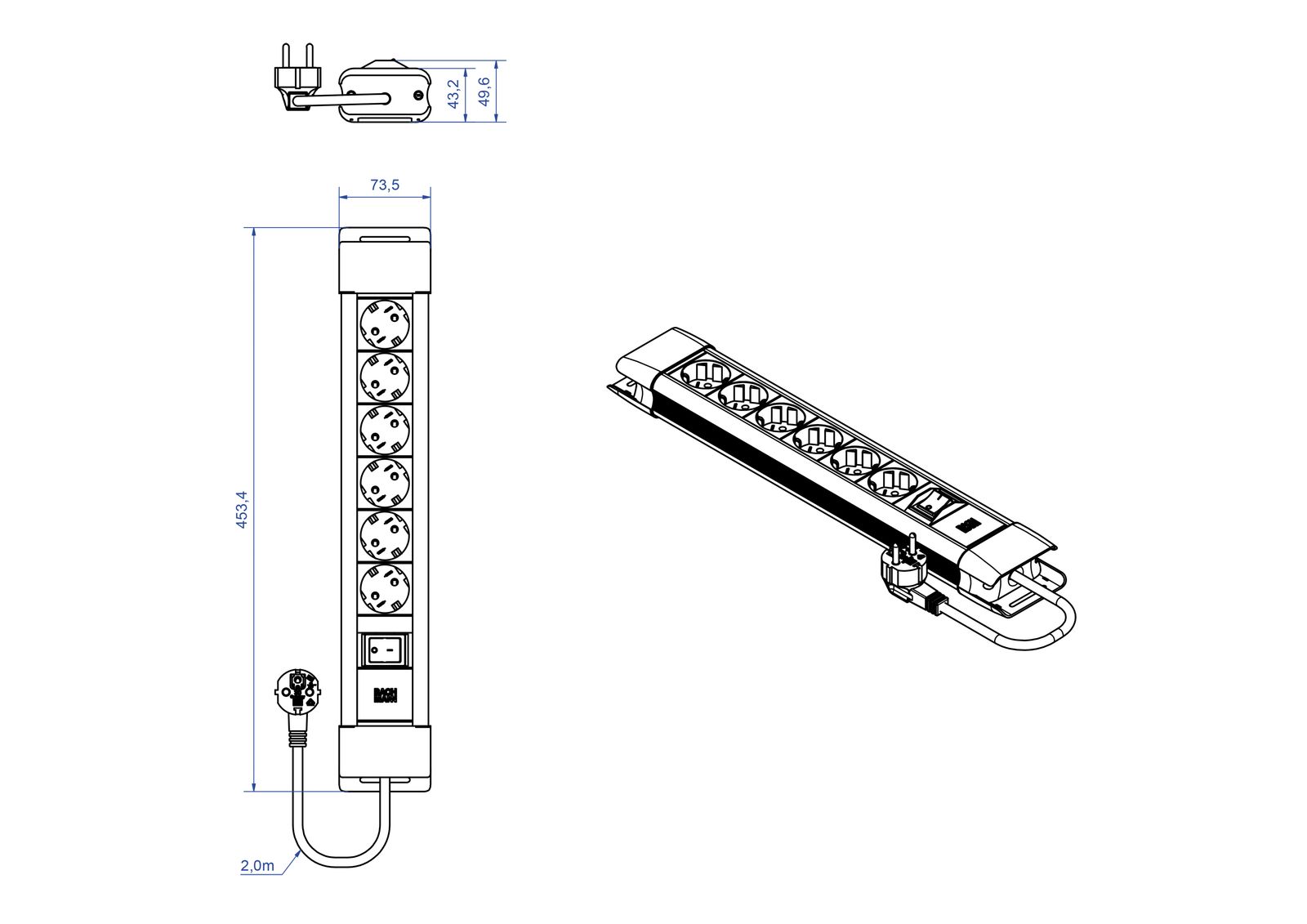 Steckdosenleiste 6f sw/si m.Ein/Aus 2m 35° IP20 1,5qmm