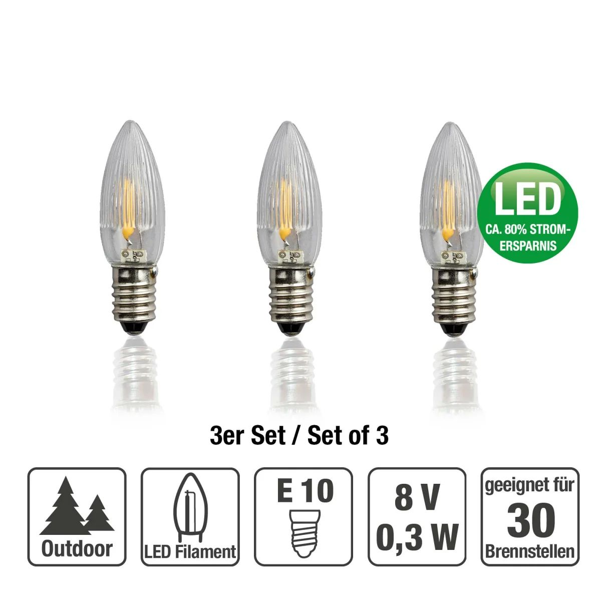 LED-Kerzenlampe FM E10 0,3W 3000K 17lm kl DC Filamentlampe ws Ø14x45mm 8V