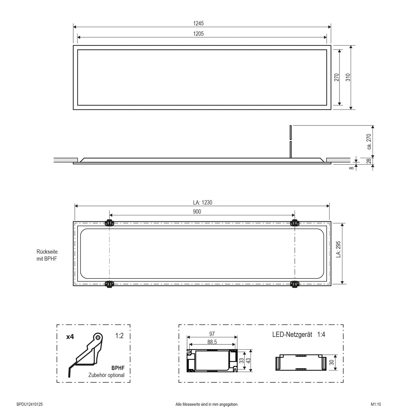 LED-Panel 1245x310mm 41W 3000-4000K ws Konv Dimmung DALI IP20