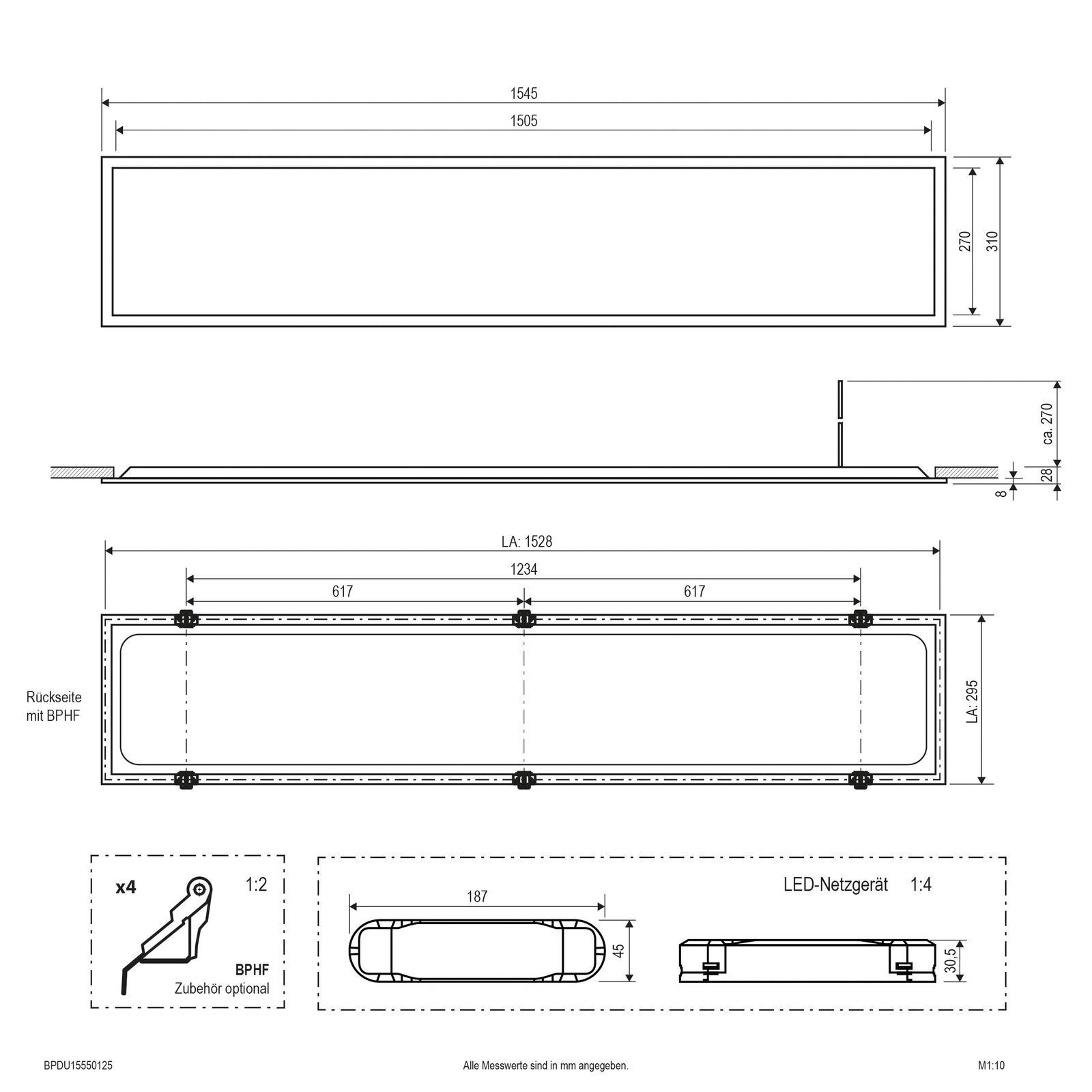 LED-Panel 1545x310mm 55W 3000-4000K IP20 7150lm ws Dimmung DALI