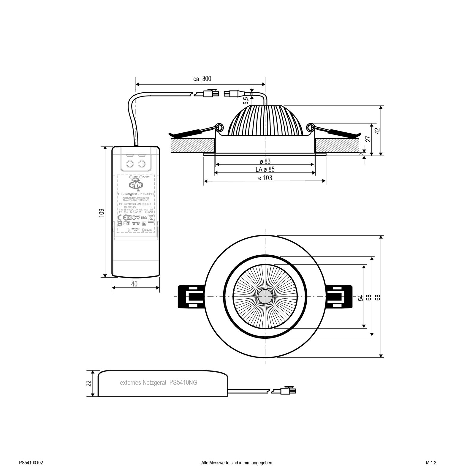 LED-Einbaustrahler 10W 3000K 1237lm ws mt IP54 1LED Alu RF:hochglänzend