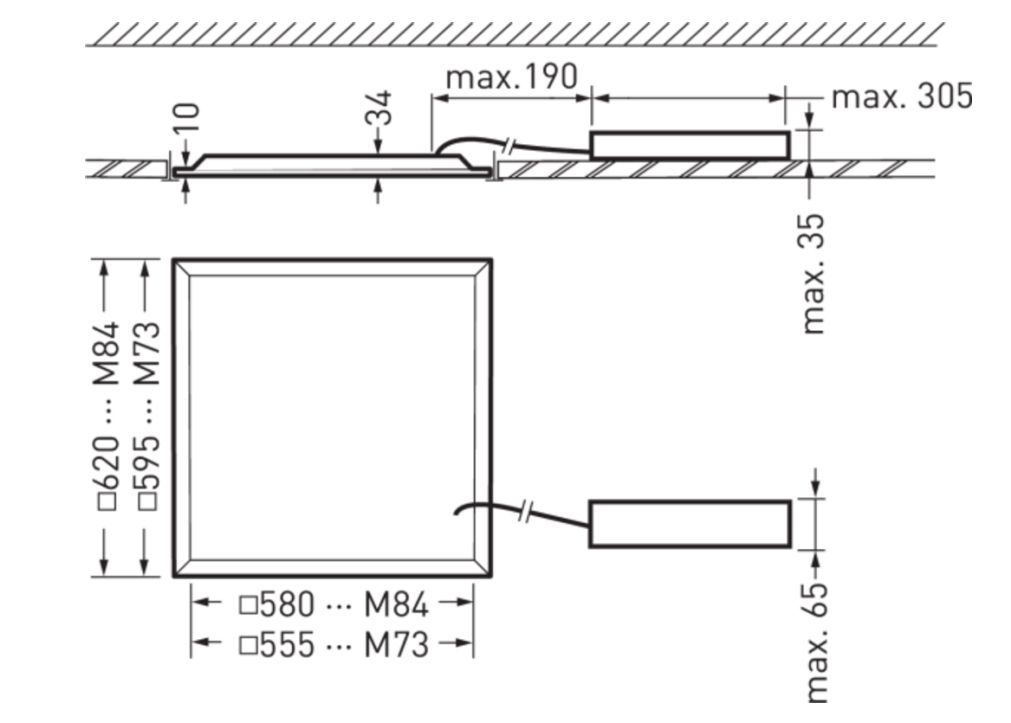 LED-Panel 620x620mm twenty3 31W 3600lm 3000-4000K ws Konv Dimmung DALI IP40