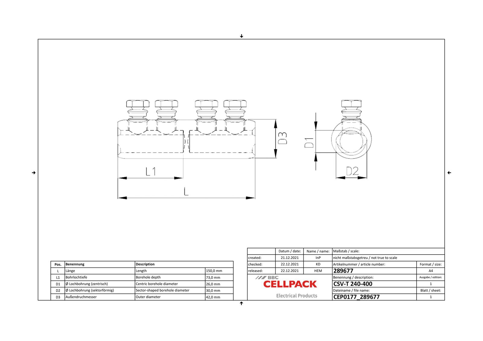 Schraubverbinder 240-400q verzinnt al 4f240-400qmm Ölstopp/Mittelsteg