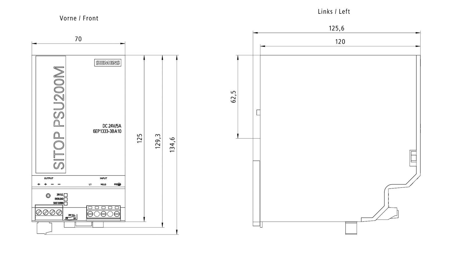 Gleichstromversorgung 24V 120W 17VA IP20 230-500VAC 5A Kurzschlussf