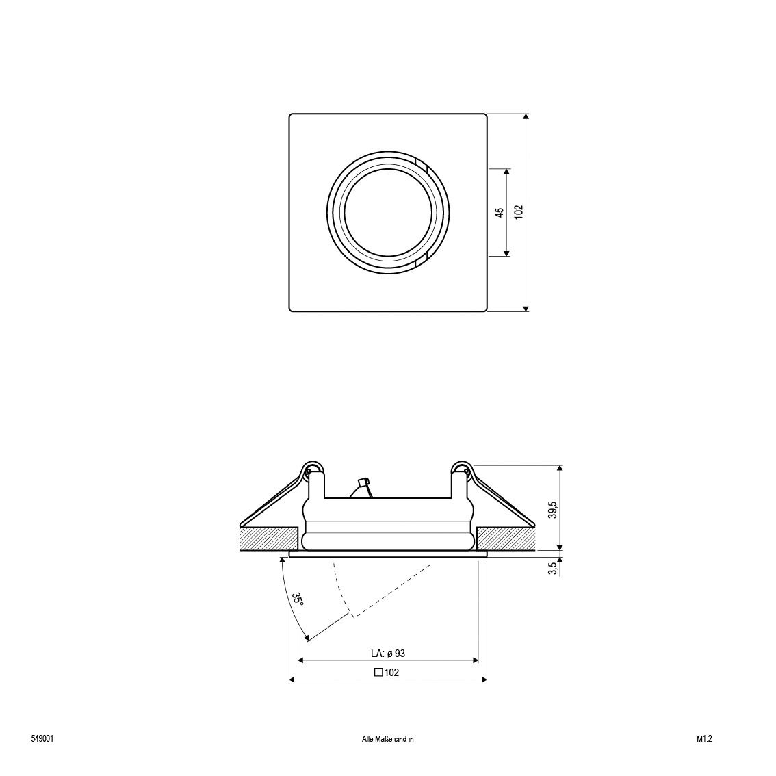 Einbaustrahler 50W Konv GX5,3 ws mt IP20 Alu Ø/EB93mm 102x102x43mm
