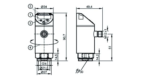 Druckschalter 0,5-99,5bar IP67 18-30V/DC 0-100bar/Ein