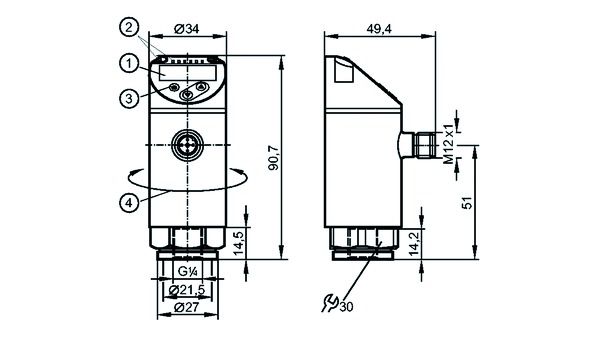 Druckschalter 0,5-99,5bar IP65 18-30V/DC 2W/Hilf 1-100bar/Ein