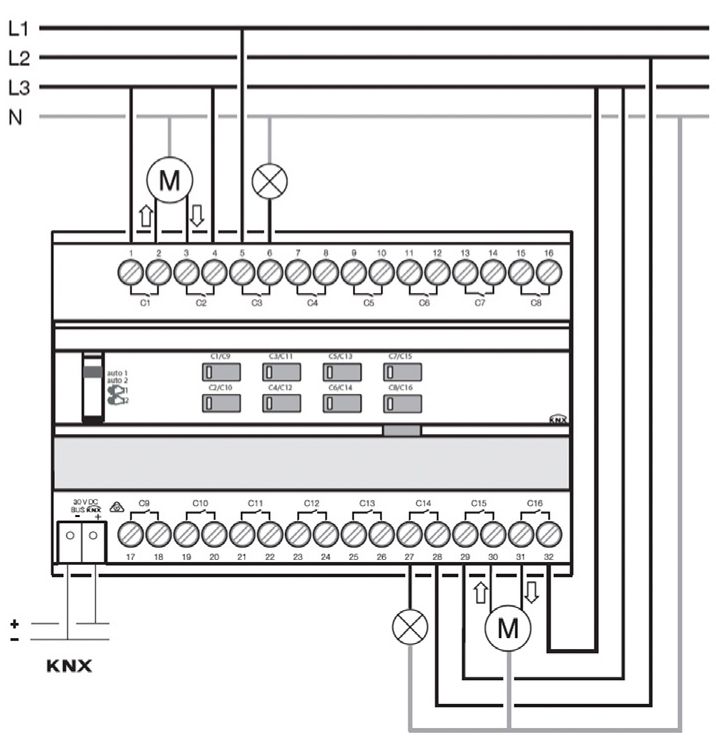 Schaltaktor KNX C-Last REG 10TE 20Ausg 16A 2300W 230V Vor Ort-/Handbedienung