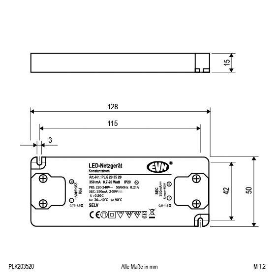 LED-Trafo 0,7-20W 350mA 57V IP20 Kstgeh dyn 128x50x13mm