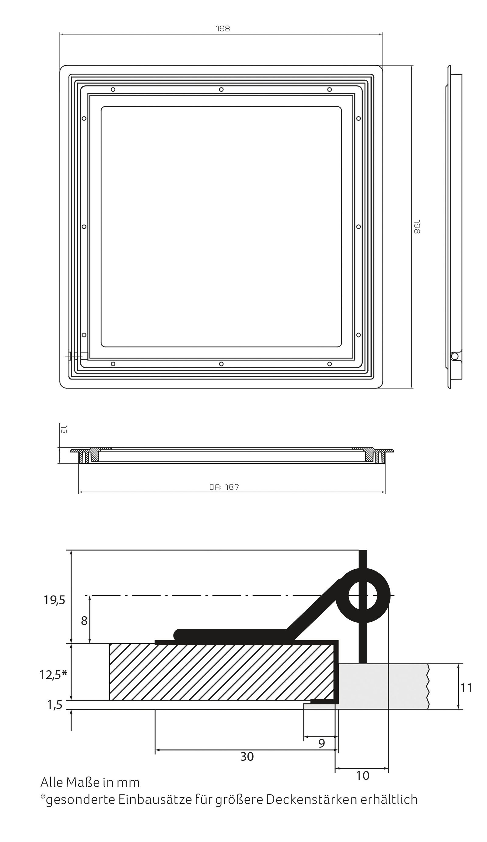 LED-Panel 198x198mm 12W 3000K 1080lm ws Konv Dimmung Phasenabschnitt IP30