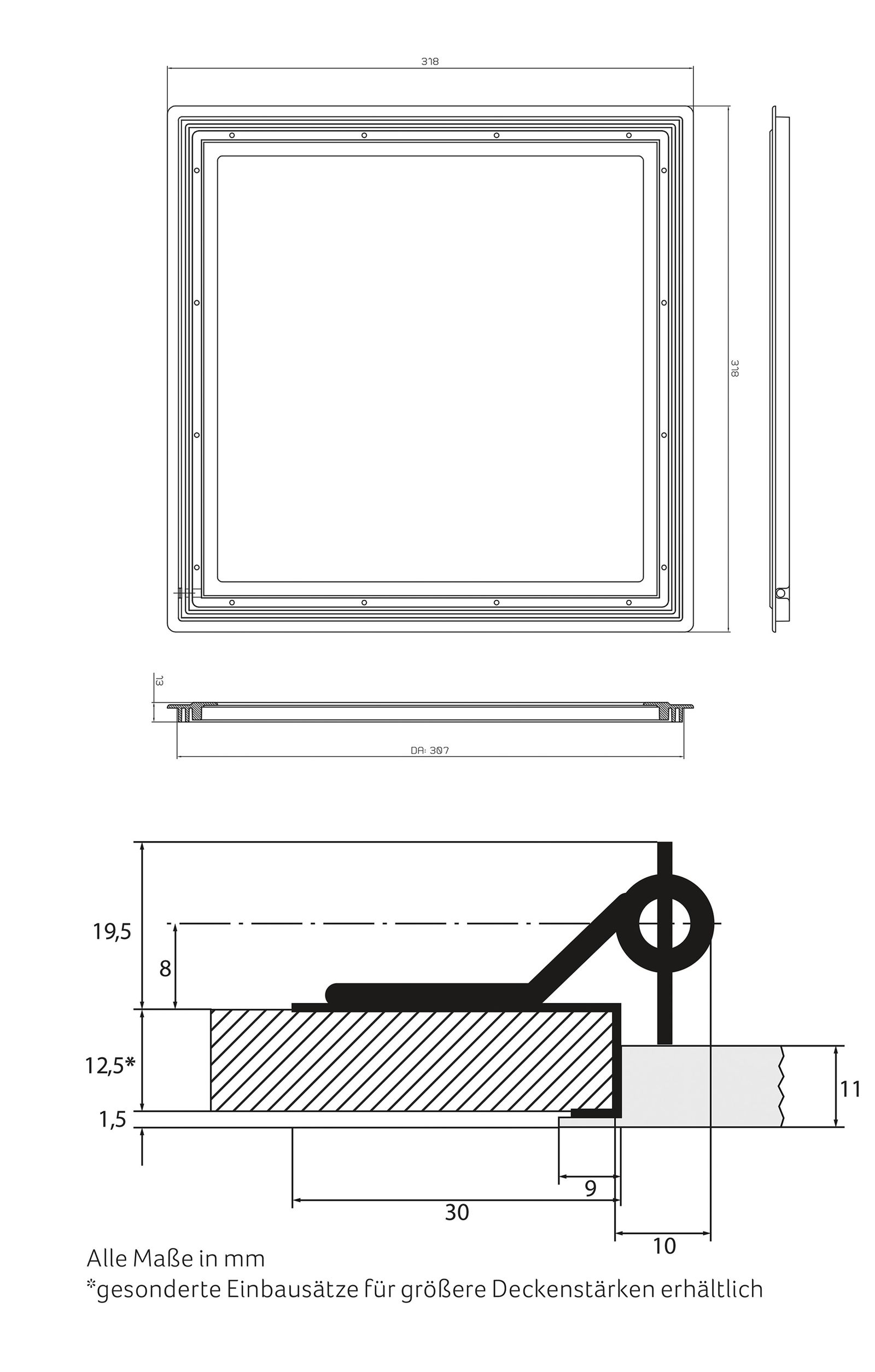 LED-Panel 318x318mm 20W 4000K 2000lm ws Konv Dimmung Phasenabschnitt IP30