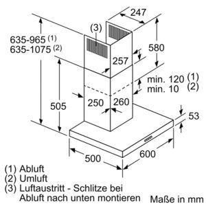 Wandesse 600mm edst B 69dB 360cbm/h LED Ø120-150mm 3st Abl/Uml T500mm
