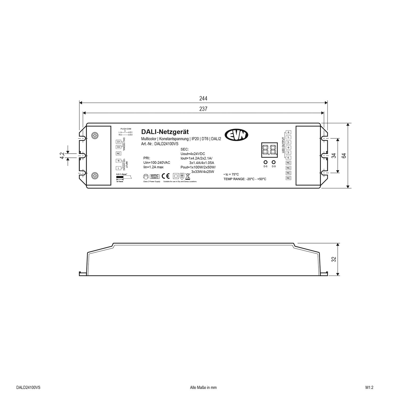 LED-Trafo 0,1-100W 1050mA 24V IP20 DALI Dimmung DALI Kstgeh stat 244x64x32mm