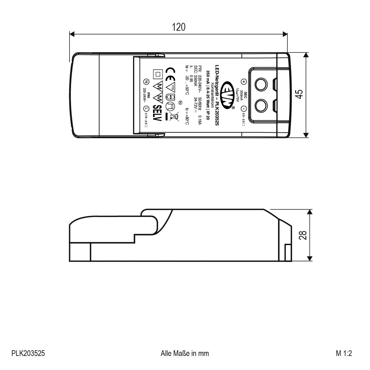 LED-Trafo 8,4-25W 350mA 24V IP20 dyn Metallgeh 120x45x28mm
