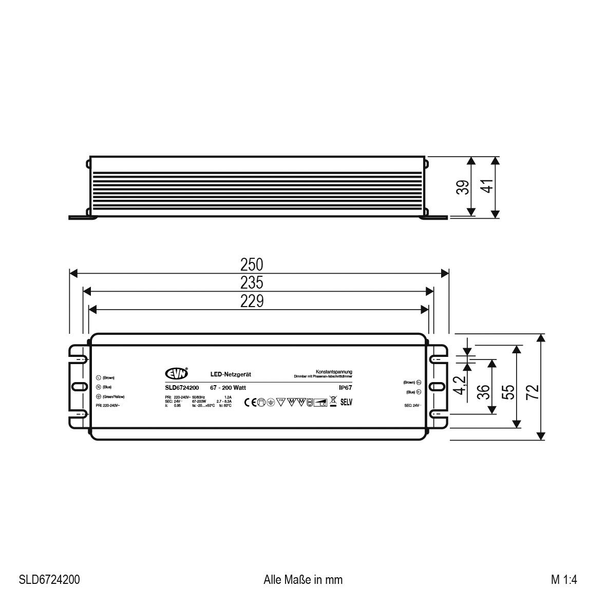 LED-Steuerung 67-200W 2792-8333mA 24V IP67 dim Dimmung Phasenabschnitt dyn